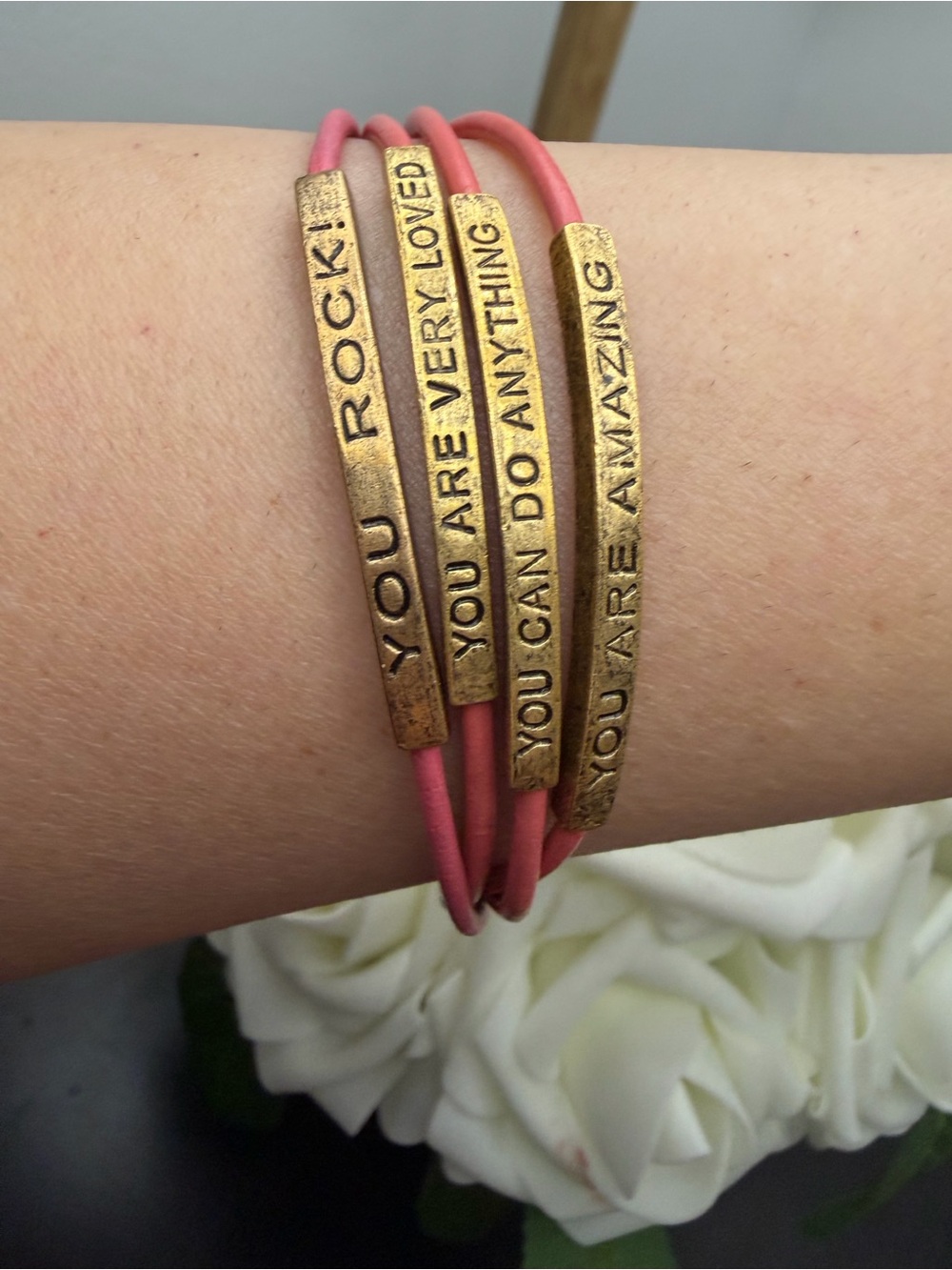 Inspirational Pink Wrap Bracelet with Gold Accent Bars
